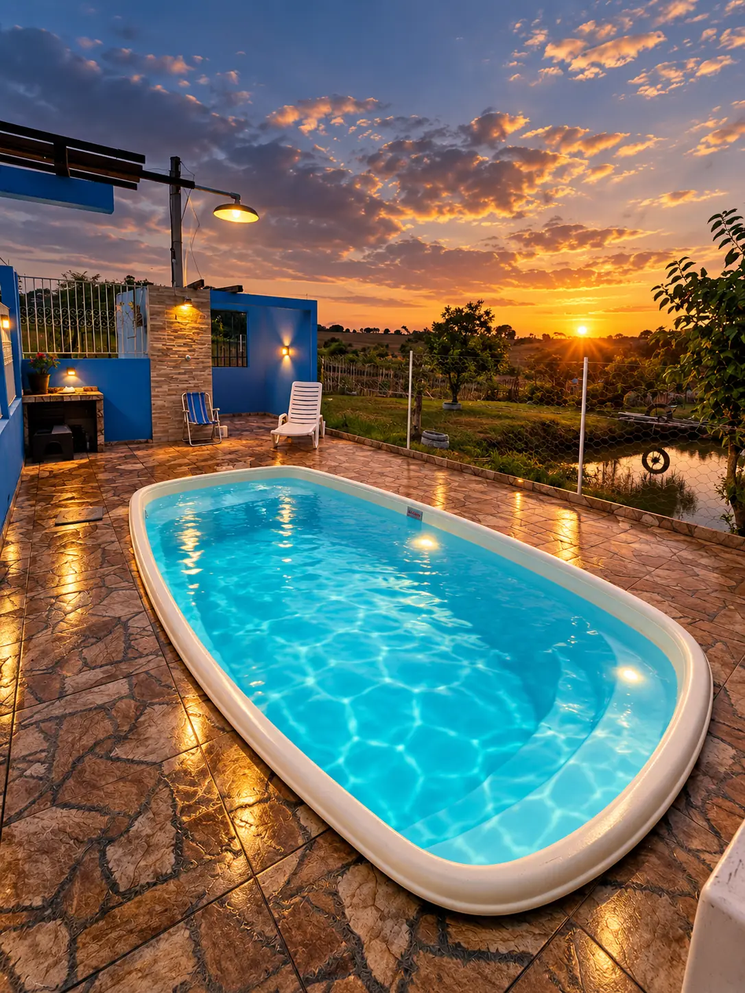 Piscina ao pôr do sol no Recanto da Lucélia